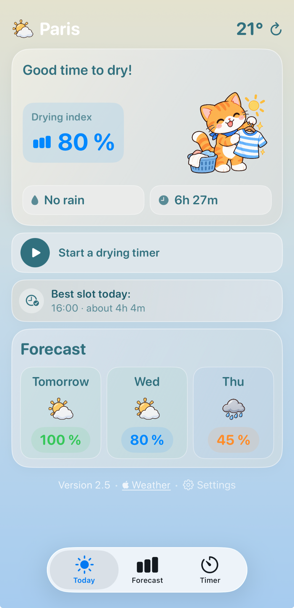 Drying Buddy iOS screenshot showing an 80 percent drying index, drying timer and weather forecast
