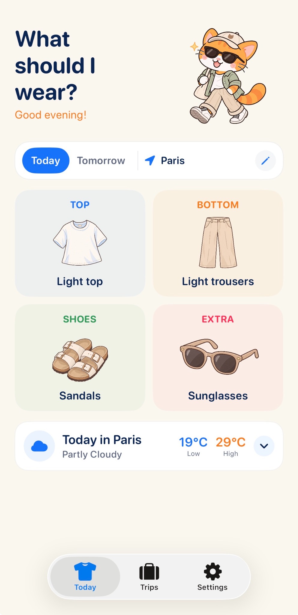 Outfit Buddy iOS screenshot showing weather-based outfit suggestions for today in Paris